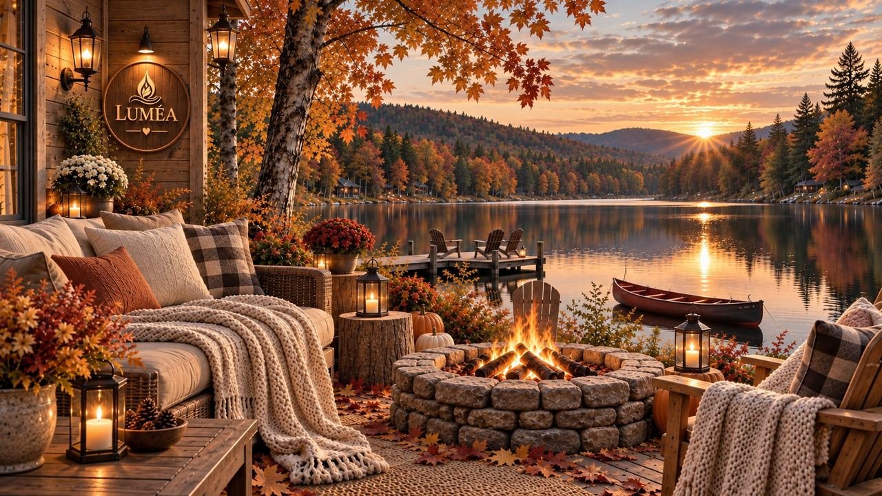 Terrasse au bord d'un lac d'automne avec feu extérieur
