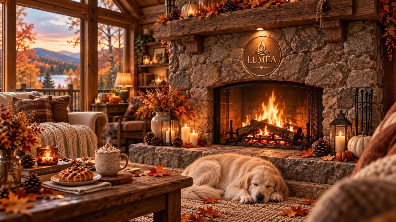 Salon de chalet en automne avec foyer de pierre et chien endormi