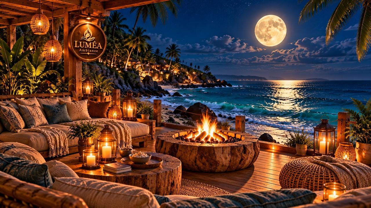 Terrasse de plage avec feu de camp sous la pleine lune