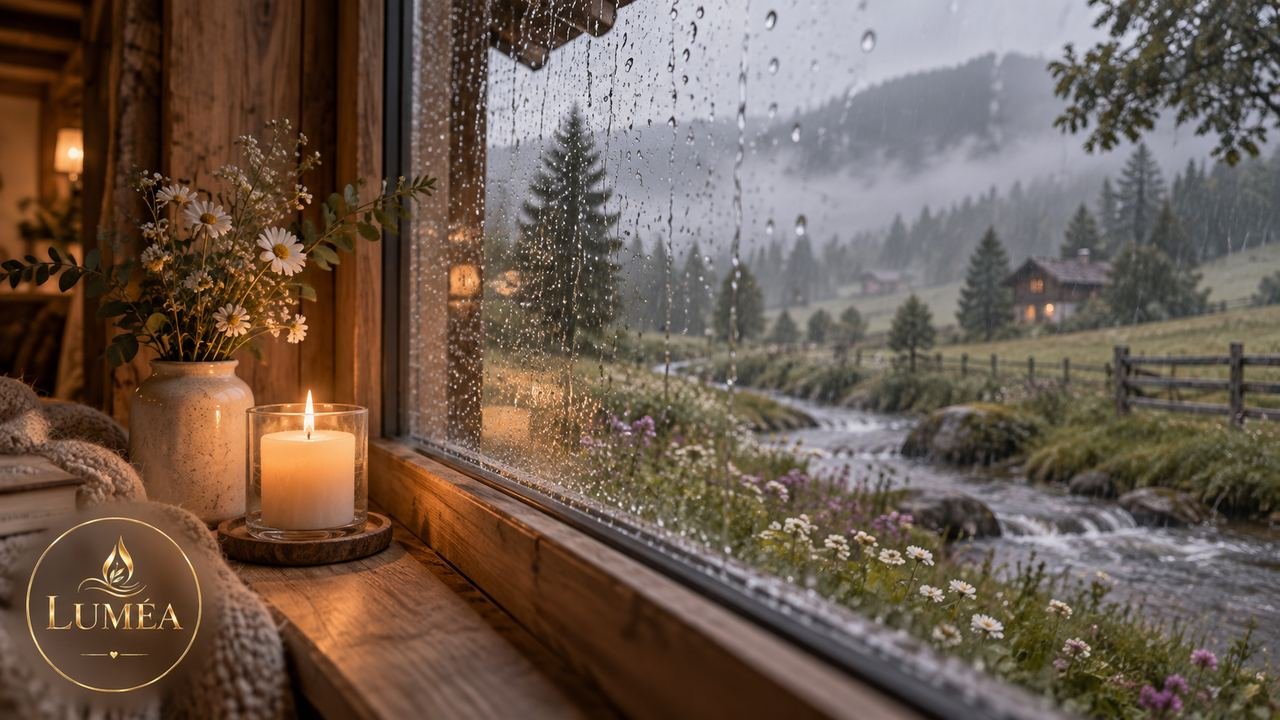Fenêtre sous la pluie donnant sur un lac et des montagnes