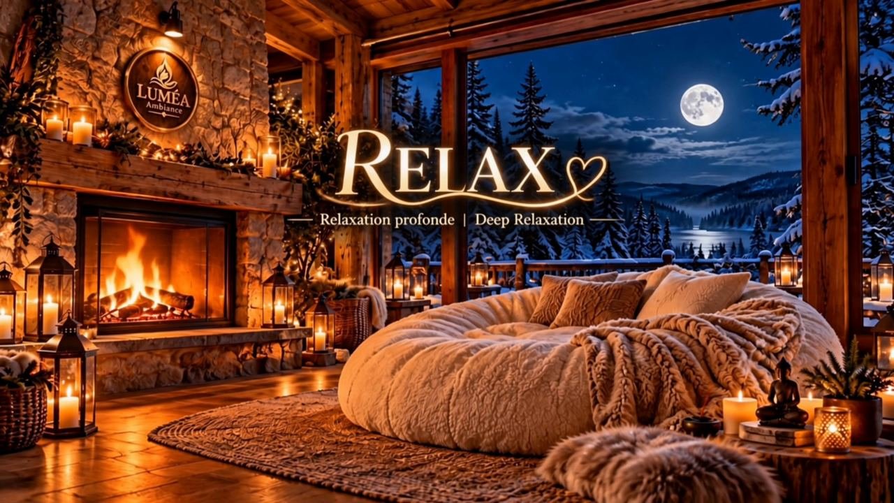 Pouf devant le foyer, lune sur la neige