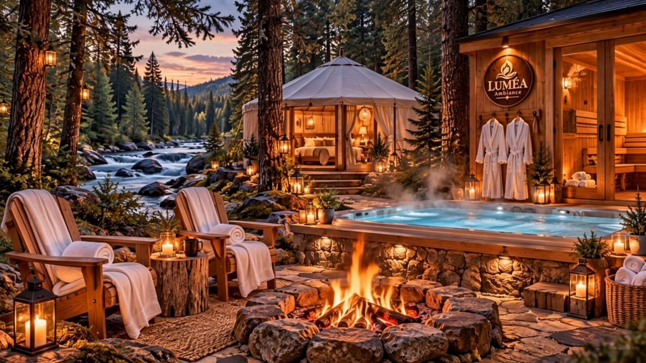 Spa en forêt avec rivière et feu de camp