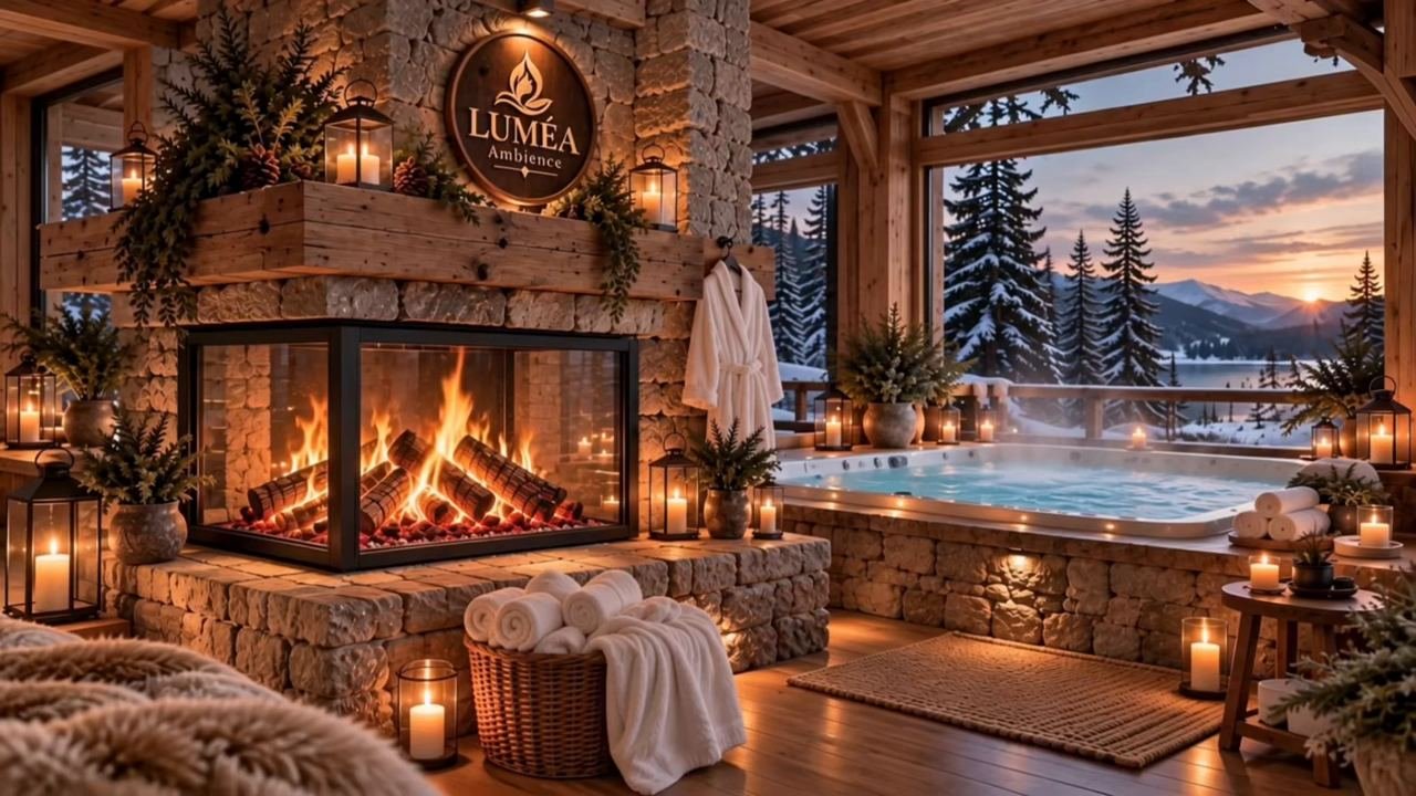 Spa intérieur avec foyer vitré et vue sur les montagnes